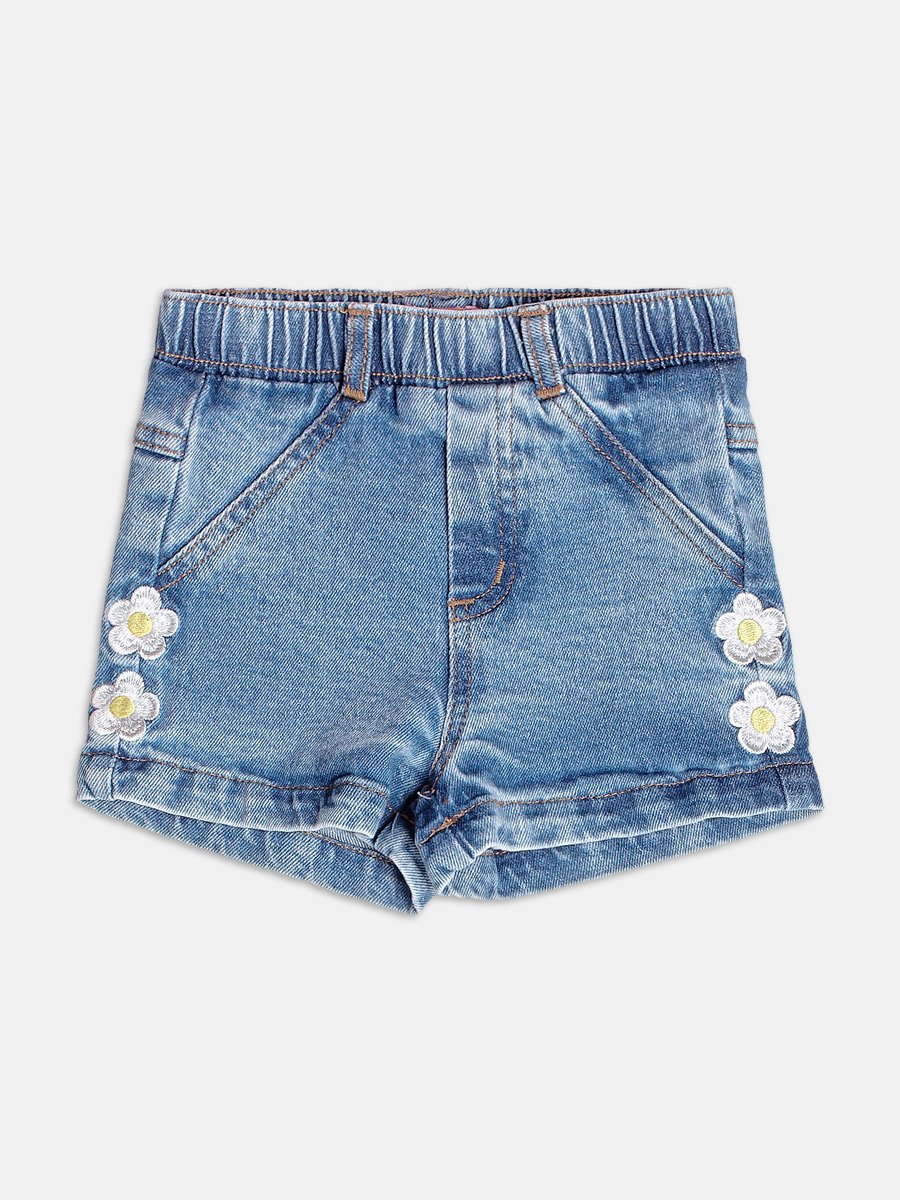 Jeans Shorts with Flower Embroidery