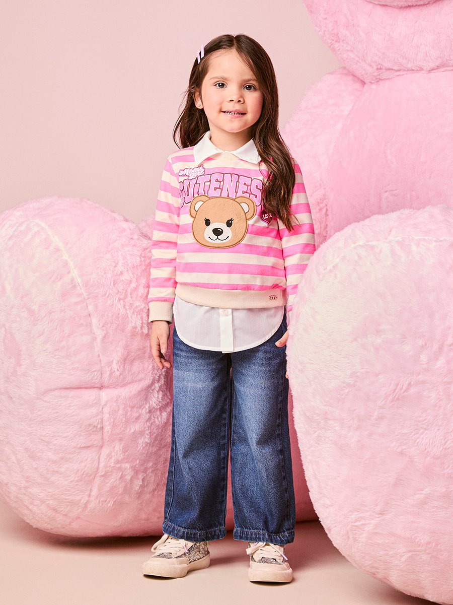 Girls Striped Coat with Teddy Bear Patch