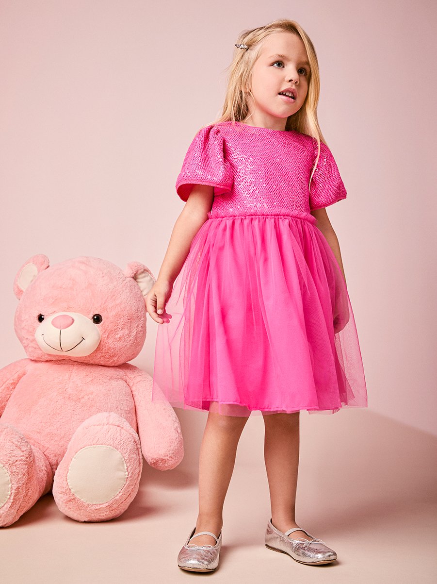 Pink Girl's Dress in Tulle with Sequins