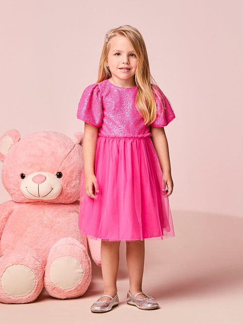 Pink Girl's Dress in Tulle with Sequins