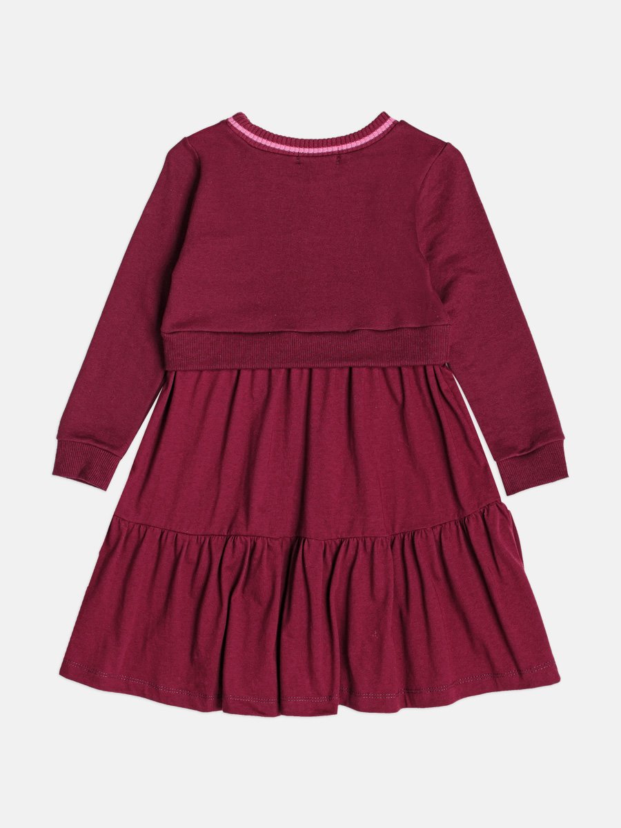 Girls Burgundy Dress with Teddy Bear Patch