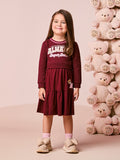Girls Burgundy Dress with Teddy Bear Patch