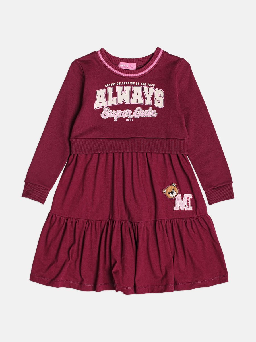 Girls Burgundy Dress with Teddy Bear Patch