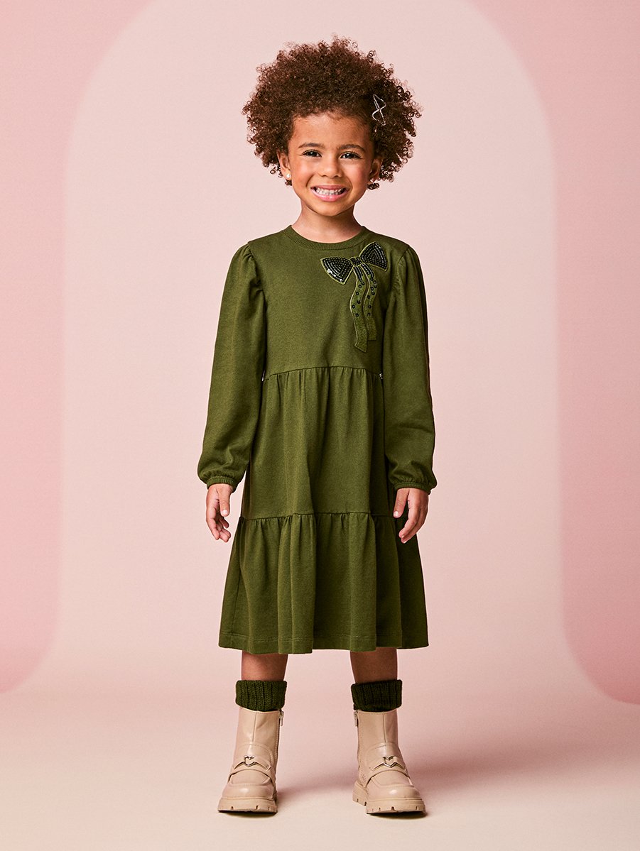 Children's Green Girl's Dress with Sequin Bow