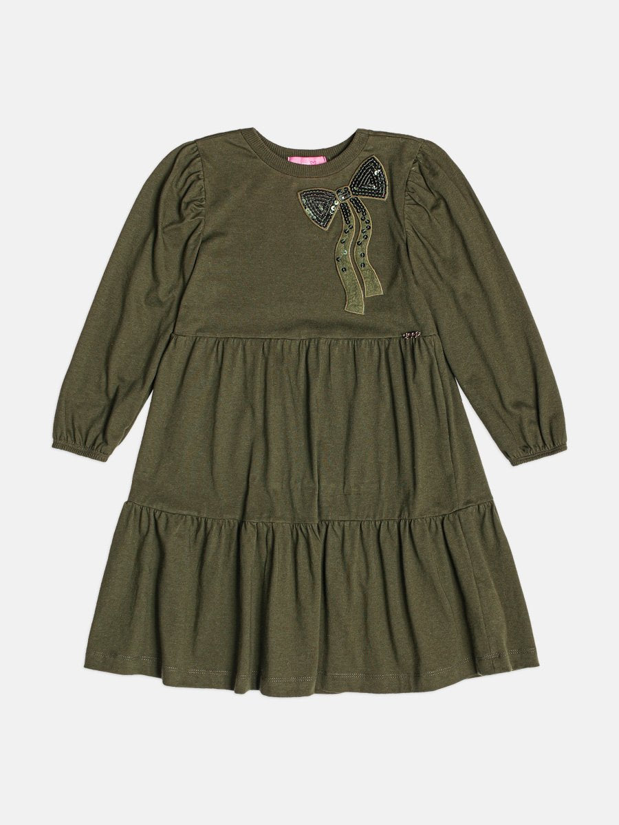 Children's Green Girl's Dress with Sequin Bow