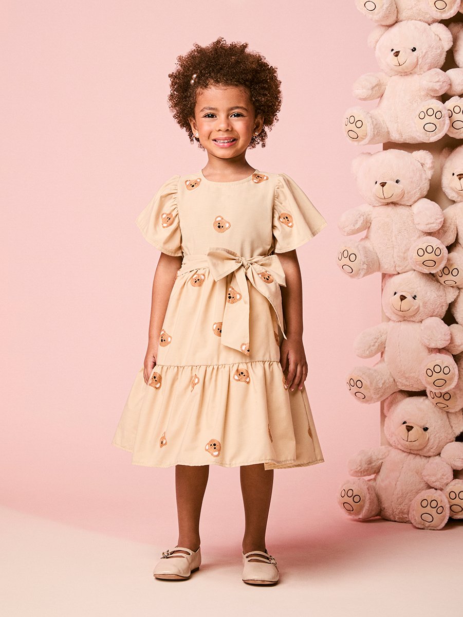 Children's Dress for Girls with Teddy Bear Embroidery