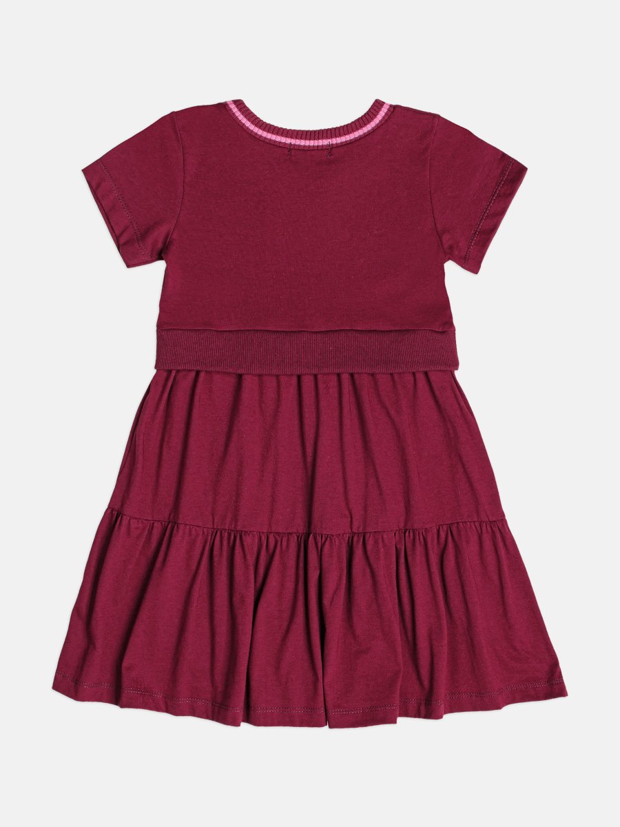 Children's Burgundy Dress with Teddy Bear Patch