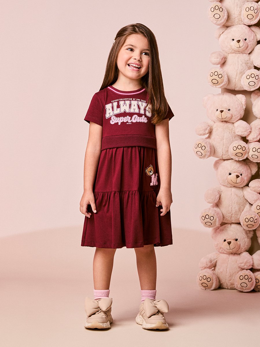 Children's Burgundy Dress with Teddy Bear Patch