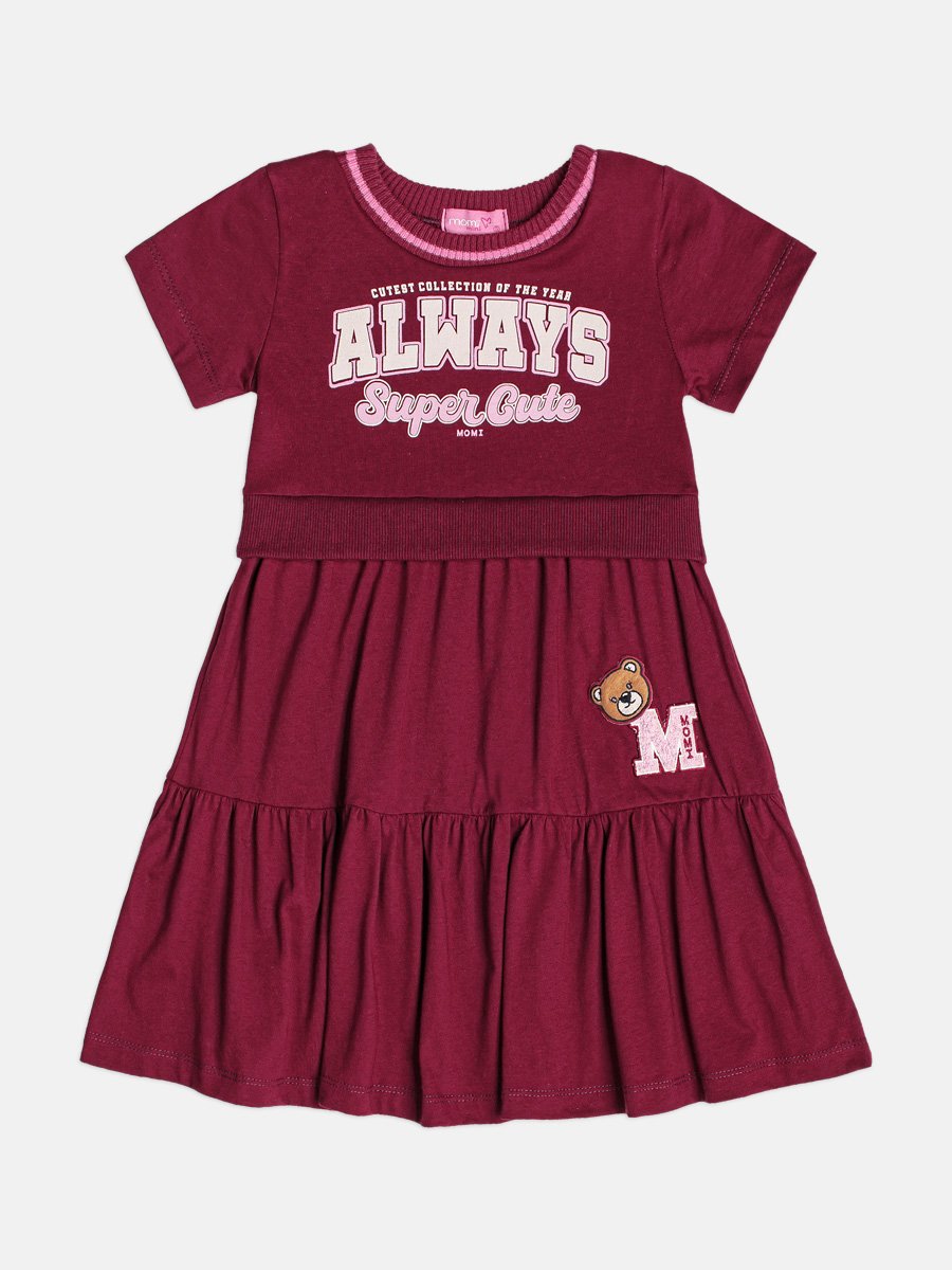 Children's Burgundy Dress with Teddy Bear Patch