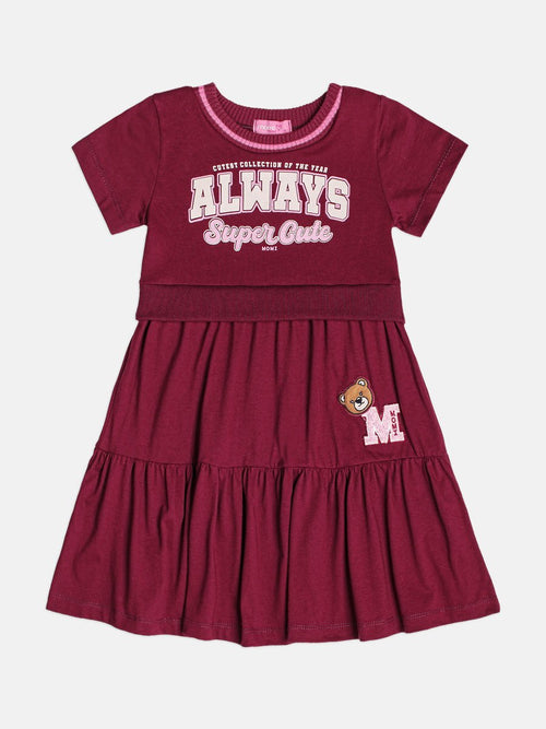 Children's Burgundy Dress with Teddy Bear Patch