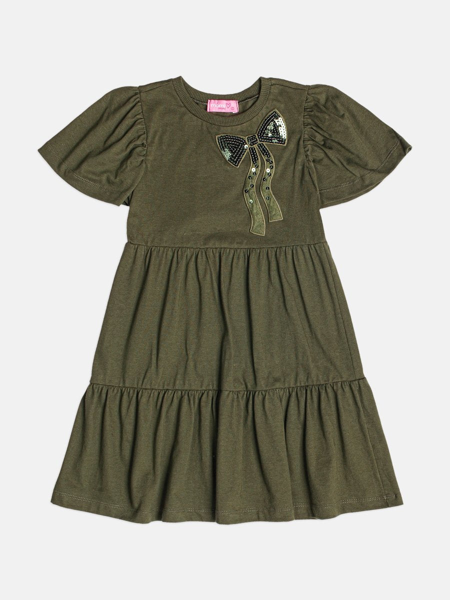 Children's Girl's Short Sleeve Dress with Sequin Bow