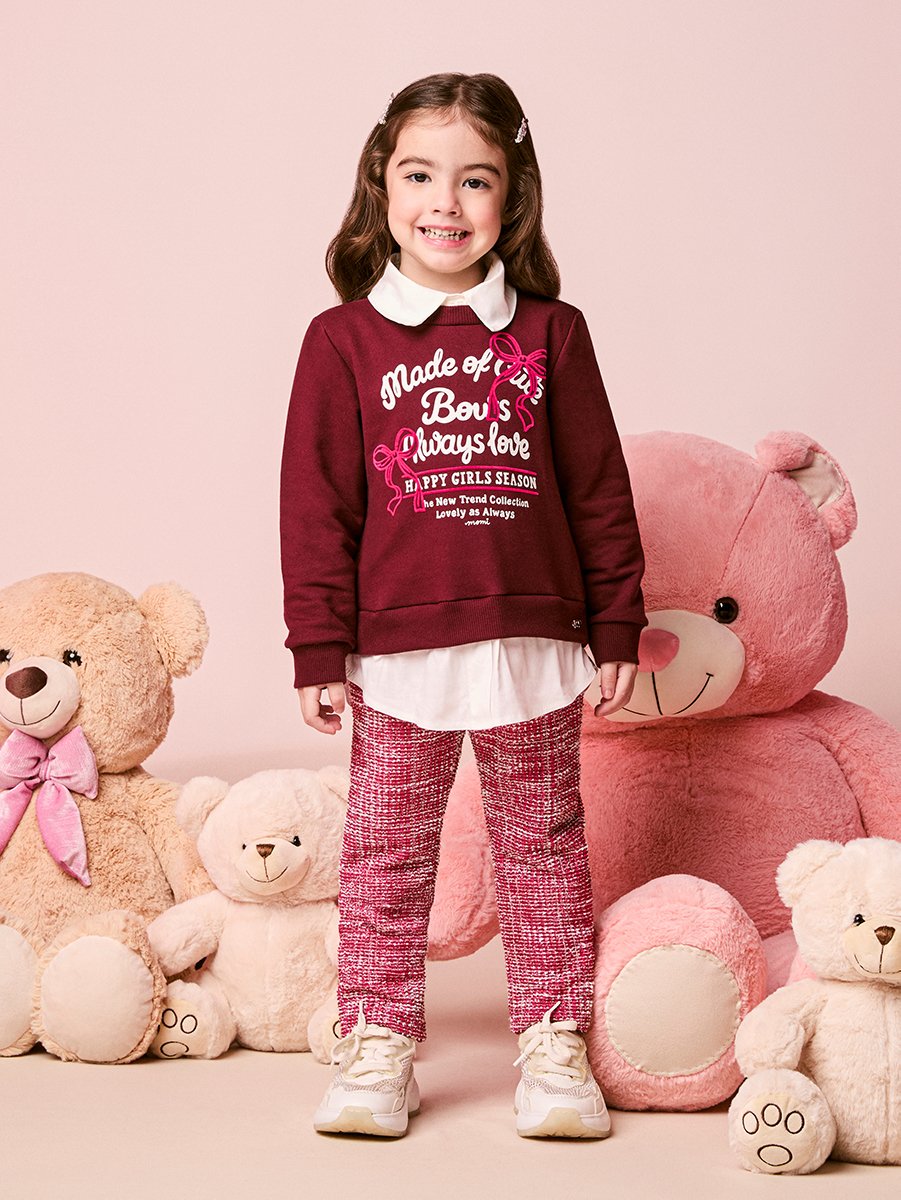 Children's Burgundy Girl's Set with Bow Print