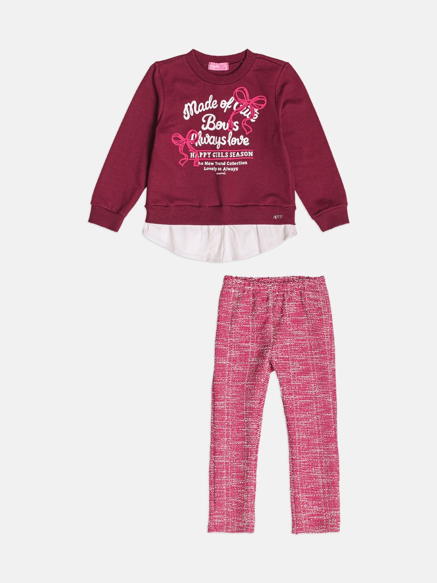 Children's Burgundy Girl's Set with Bow Print