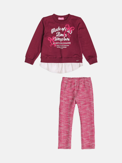 Children's Burgundy Girl's Set with Bow Print