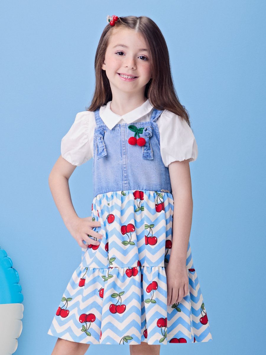 Striped Jeans Salopete with Cherries