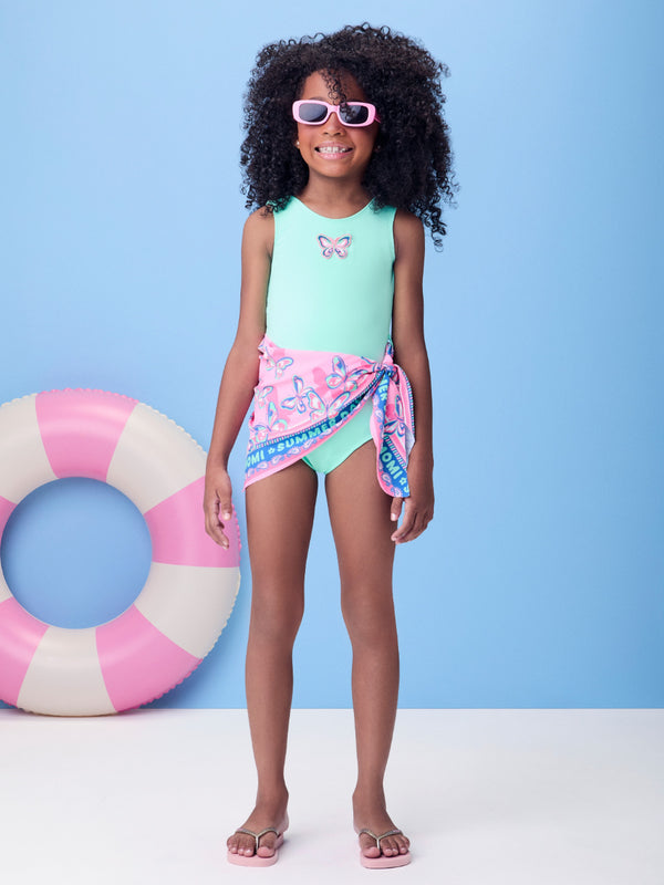 Green Swimsuit with Printed Scarf