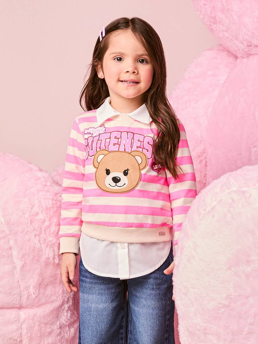 Girls Striped Coat with Teddy Bear Patch