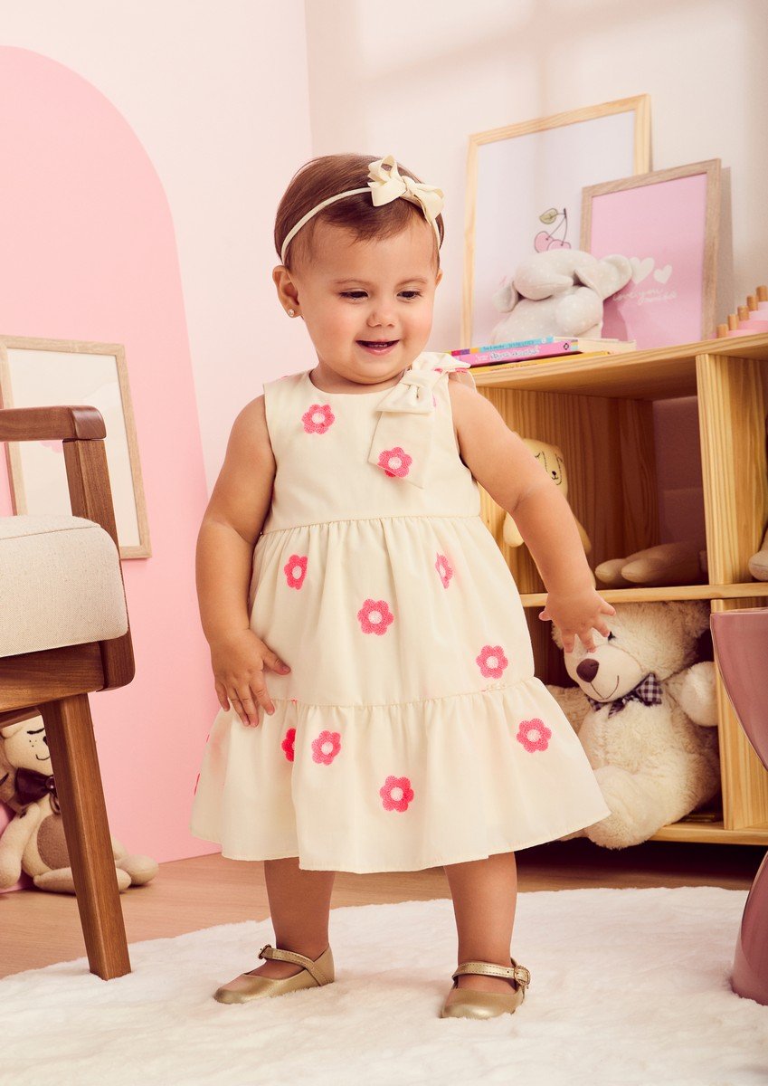 Off Dress with Embroidered Flowers