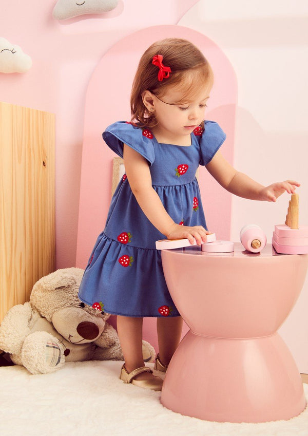 Blue Dress with Strawberry Embroidery