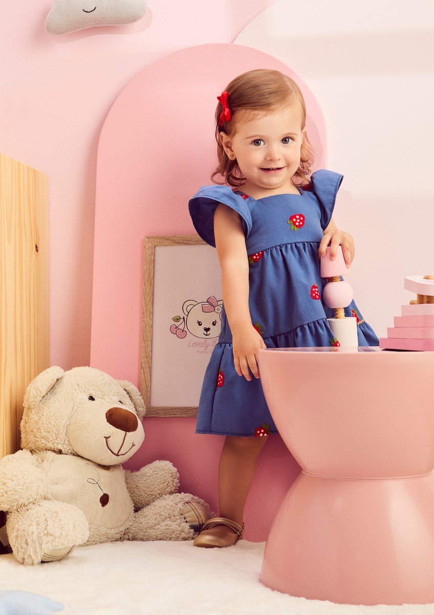 Blue Dress with Strawberry Embroidery