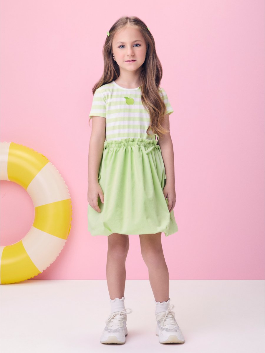 Green Apple Striped Balloon Dress