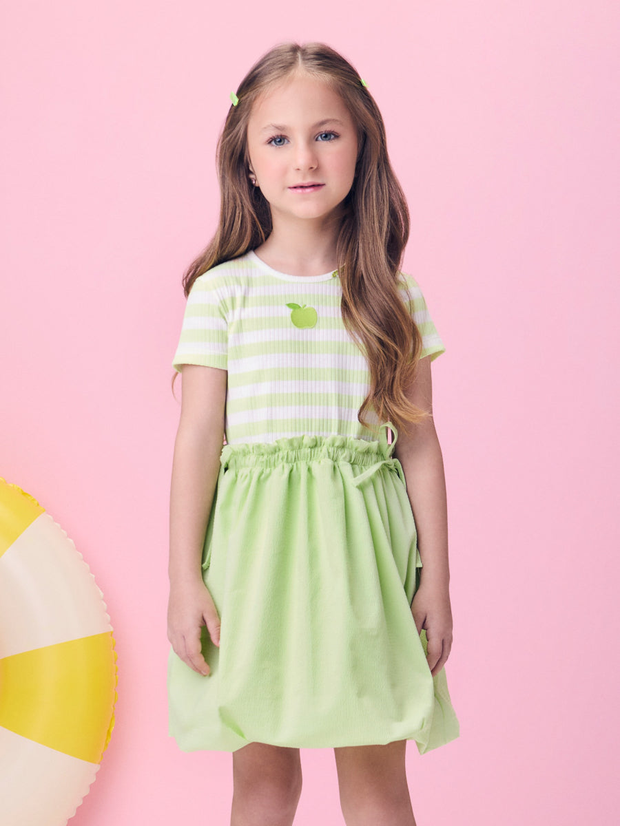 Green Apple Striped Balloon Dress