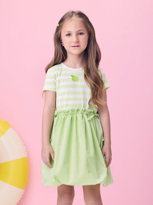 Green Apple Striped Balloon Dress