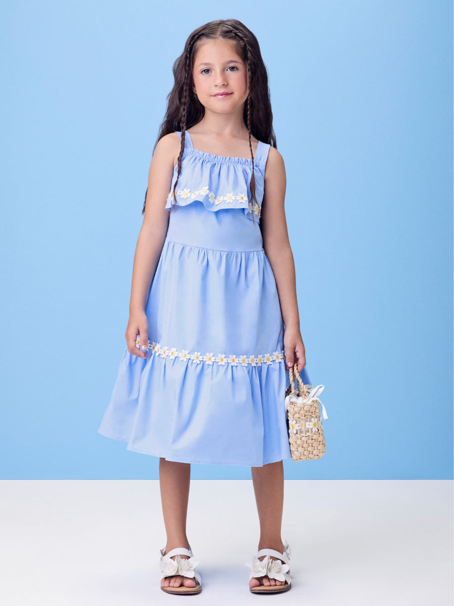 Blue Tricoline Dress with Daisies