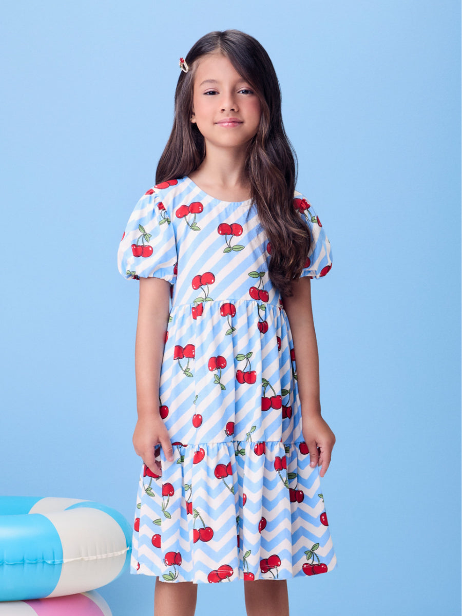 Blue Striped Dress with Cherries