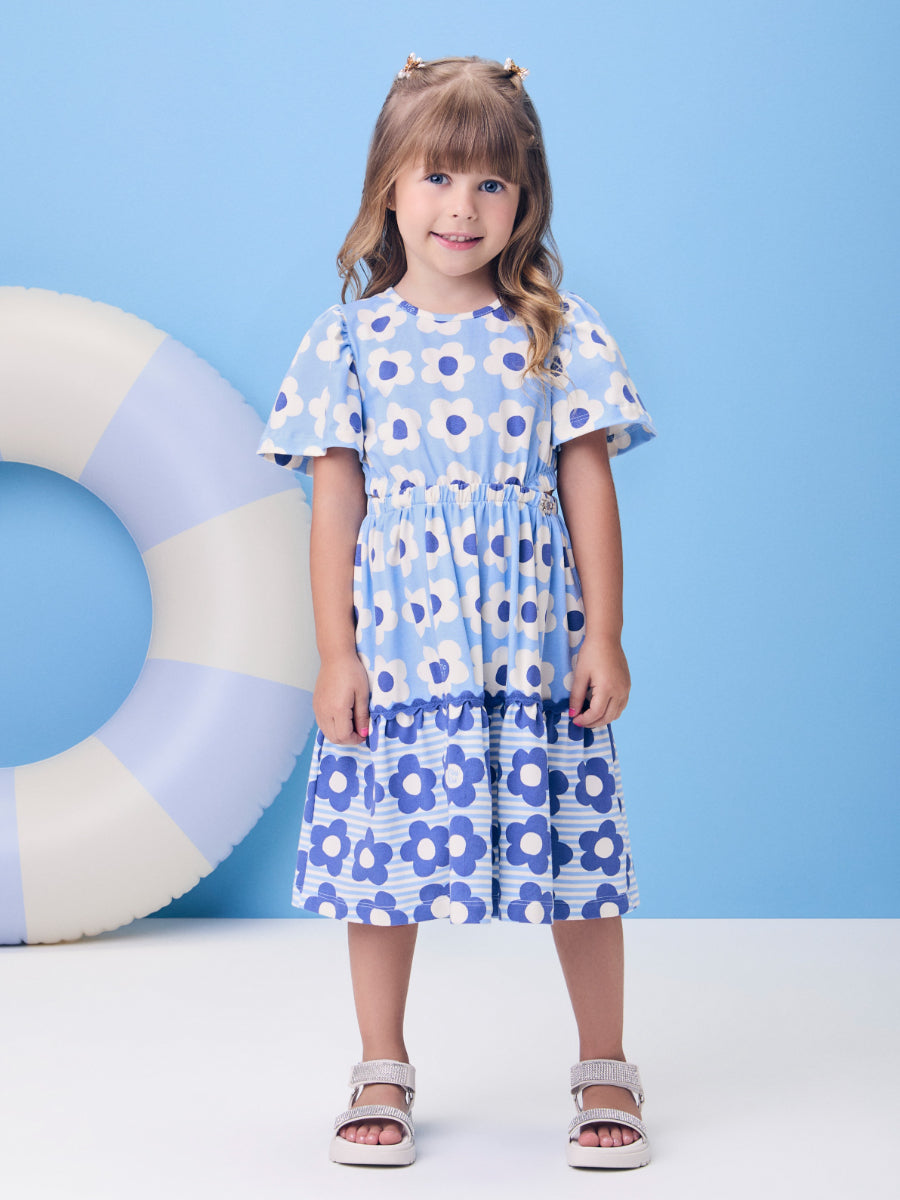 Blue Swirl Dress with Flowers