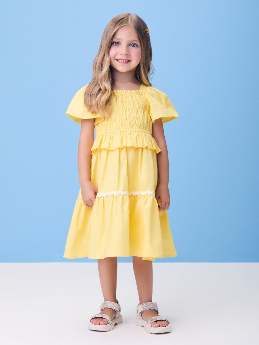 Yellow Tricoline Dress with Ruffles