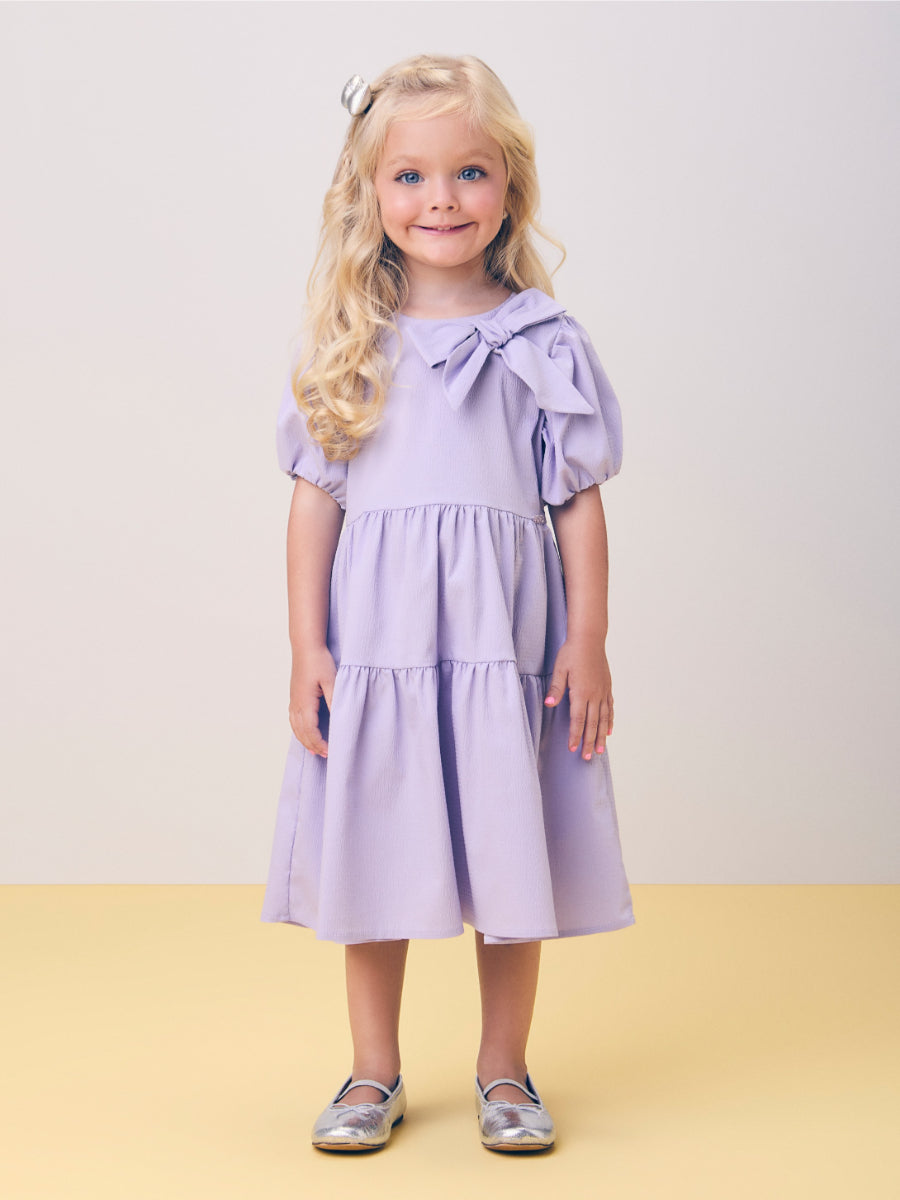 Lilac Ruched Dress with Balloon Sleeves