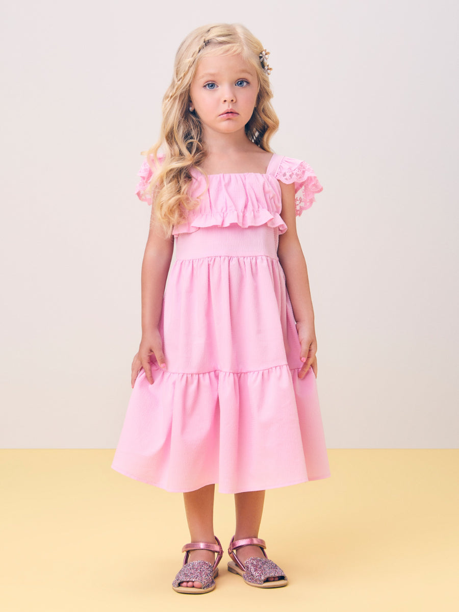 Pink Ruched Dress with Ruffles